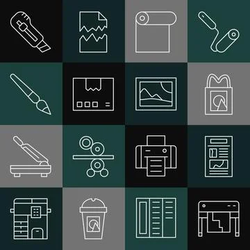 Set line Plotter, News, Paper shopping bag, Roll of paper, Carton cardboard box Ilustración de archivo