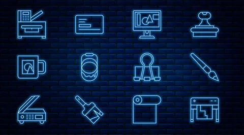 Set line Plotter, Paint brush, Computer monitor screen, bucket, Coffee cup, Copy 스톡 일러스트