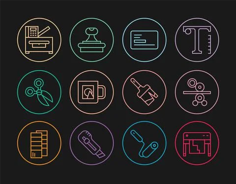 Set line Plotter, Paper roll of printing press, Business card, Coffee cup Ilustración de archivo