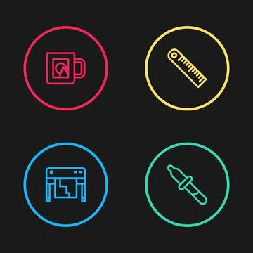 Set line Plotter, Pipette, Ruler and Coffee cup icon. Vector Ilustración de archivo