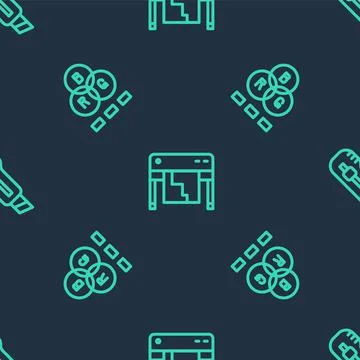 Set line Plotter, RGB color mixing and Stationery knife on seamless pattern Ilustración de archivo