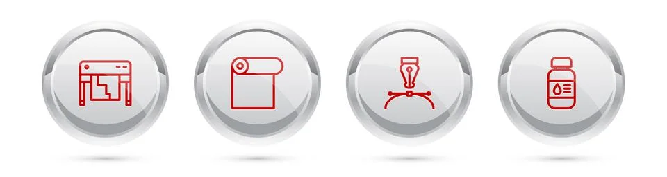 Set line Plotter, Roll of paper, Fountain pen nib and Printer ink bottle. Silver Ilustración de archivo