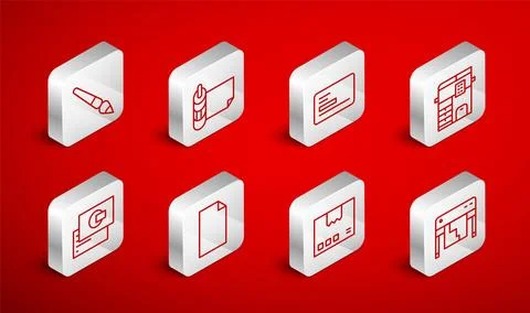 Set line Plotter, Roll of paper, Business card, Copy machine, Carton cardbo.. Ilustración de archivo