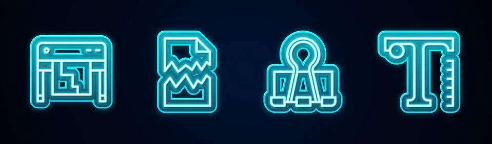 Set line Plotter, Torn document, Binder clip and Text. Glowing neon icon. Vector Ilustración de archivo