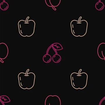 Set line Plum fruit, Apple and Cherry on seamless pattern. Vector Stock Illustration