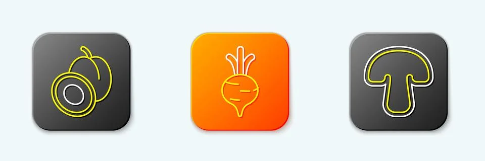 Set line Plum fruit, Beet and Mushroom icon. Vector Stock Illustration