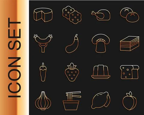 Set line Plum fruit, Bread toast, Piece of cake, Roasted turkey or chicken Stock Illustration
