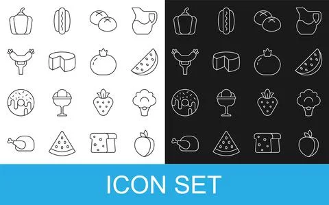 Set line Plum fruit, Broccoli, Watermelon, Bread loaf, Cheese, Sausage the fork Illustrazione stock