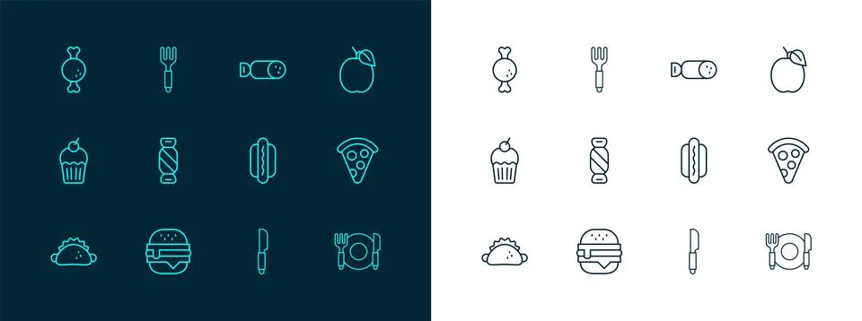 Set line Plum fruit, Burger, Hotdog, Knife, Candy, Salami sausage, Chicken .. Stock Illustration