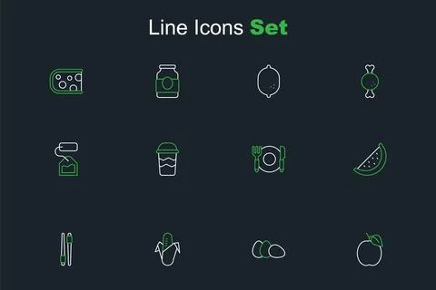 Set line Plum fruit Chicken egg Corn Food chopsticks Watermelon Plate fork an Stock Illustration