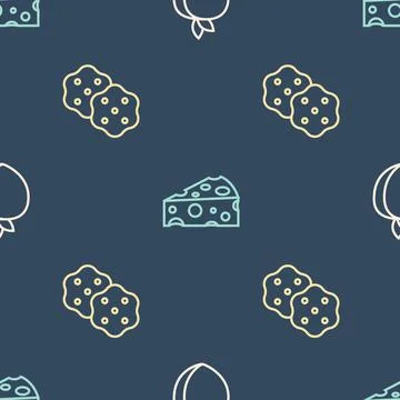 Set line Plum fruit, Cracker biscuit and Cheese on seamless pattern. Vector Stock-Illustration