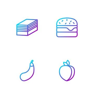 Set line Plum fruit, Eggplant, Piece of cake and Burger. Gradient color icons Stock Illustration