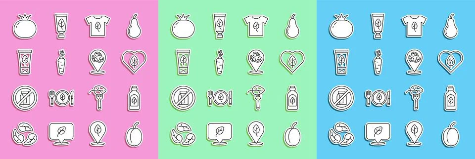 Set line Plum fruit, Essential oil bottle, Vegan food diet, shirt, Carrot, Or Stock Illustration