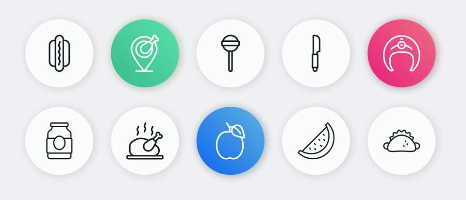 Set line Plum fruit, Fish steak, Jam jar, Watermelon, Knife, Lollipop, Taco.. Stock Illustration