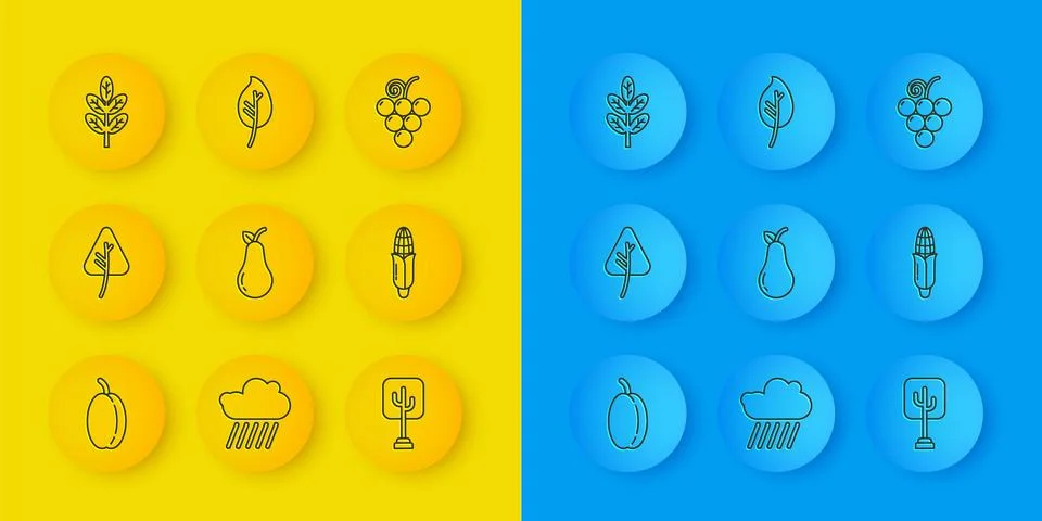 Set line Plum fruit, Leaf or leaves, Pear, Tree, Corn, Grape and  icon. Vecto Stock Illustration