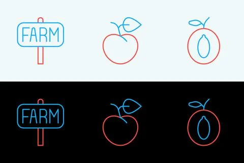 Set line Plum fruit, Location farm and Peach or nectarine icon. Vector Stock Illustration