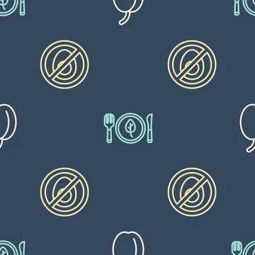 Set line Plum fruit, No meat and Vegan food diet on seamless pattern. Vector Stock Illustration