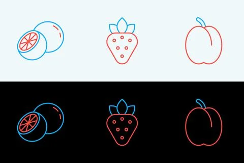 Set line Plum fruit, Orange and Strawberry icon. Vector Stock Illustration