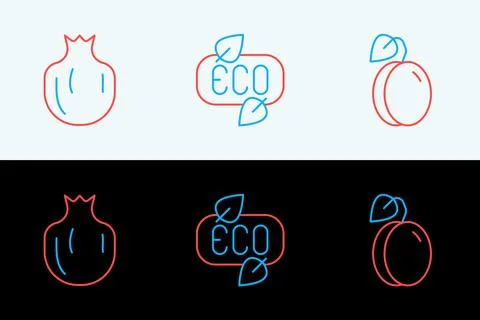 Set line Plum fruit, Pomegranate and Leaf Eco symbol icon. Vector Stock Illustration