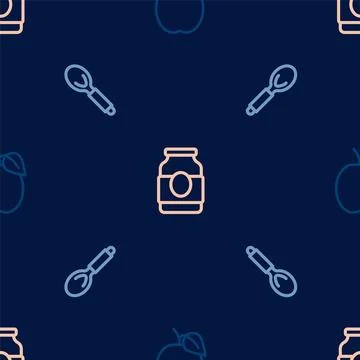 Set line Plum fruit, Spoon and Jam jar on seamless pattern. Vector Stock Illustration