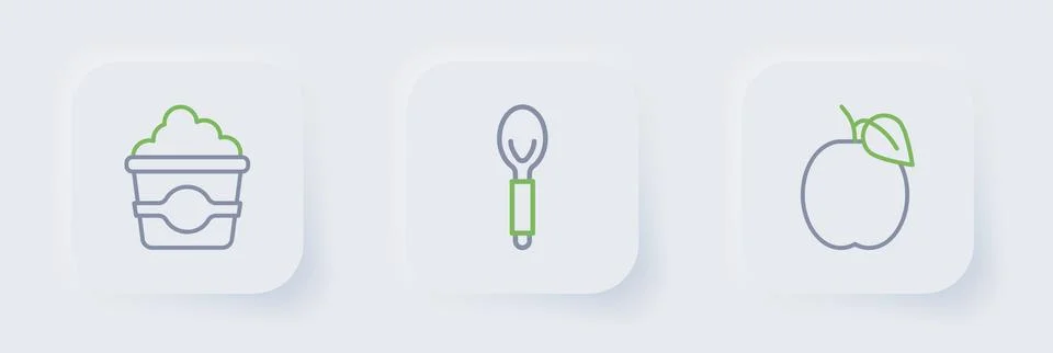 Set line Plum fruit, Spoon and Popcorn in cardboard box icon. Vector Stock Illustration