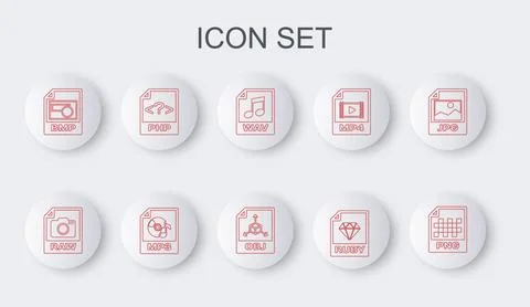 Set line PNG file document, RAW, WAV, RUBY, BMP, PHP, MP3 and OBJ icon. Vector Stockillustratie