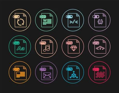 Set line PNG file document, PHP, XSL, WAV, OTF, GIF, RUBY and DOC icon. Vector イラスト素材