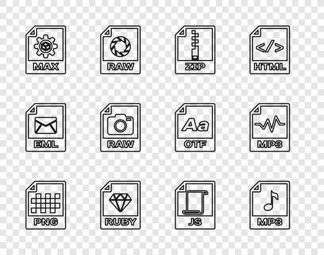 Set line PNG file document, MP3, ZIP, RUBY, MAX, RAW, JS and icon. Vector Illustrazione stock