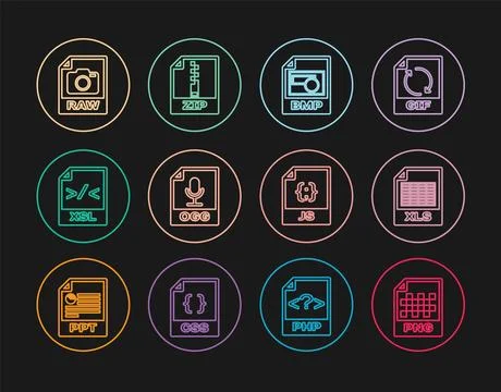 Set line PNG file document, XLS, BMP, OGG, XSL, RAW, JS and ZIP icon. Vector Stock Illustration