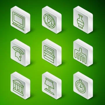 Set line Pocket watch, Table lamp, Retro tv, Book, Roman army helmet, Ancie.. Ilustración de archivo