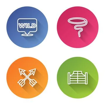 Set line Pointer to wild west, Lasso, Crossed arrows and Saloon door. Color Illustrazione stock