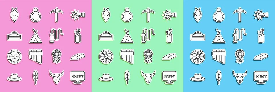 Set line Pointer to wild west, Gold bars, Quiver with arrows, Pickaxe, Indian Stock Illustration
