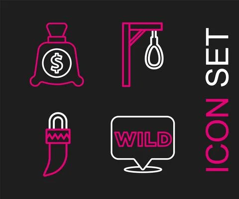 Set line Pointer to wild west, Tooth, Gallows and Money bag icon. Vector Illustrazione stock