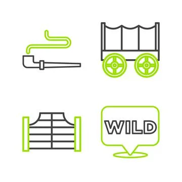 Set line Pointer to wild west, Saloon door, Wild covered wagon and Smoking pipe Illustrazione stock