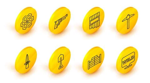 Set line Pointer to wild west, Saloon door, Shovel, Dagger, Pickaxe, Pan flut Stock Illustration