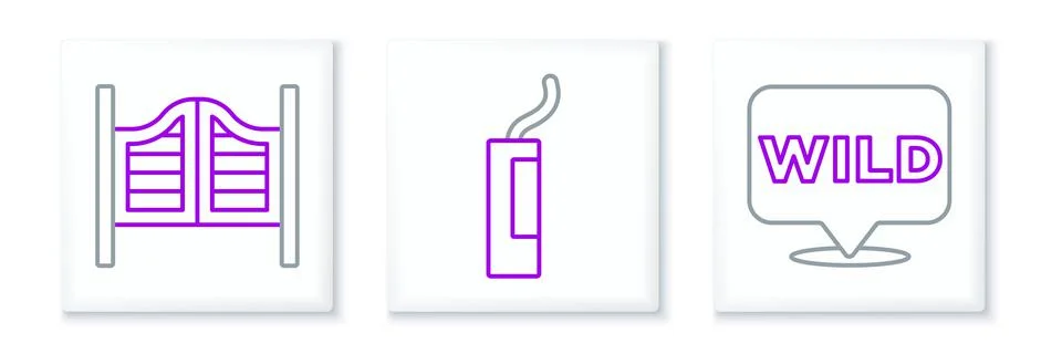 Set line Pointer to wild west, Saloon door and Dynamite bomb icon. Vector Illustrazione stock