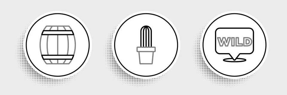 Set line Pointer to wild west, Gun powder barrel and Cactus peyote pot icon.. Stock Illustration