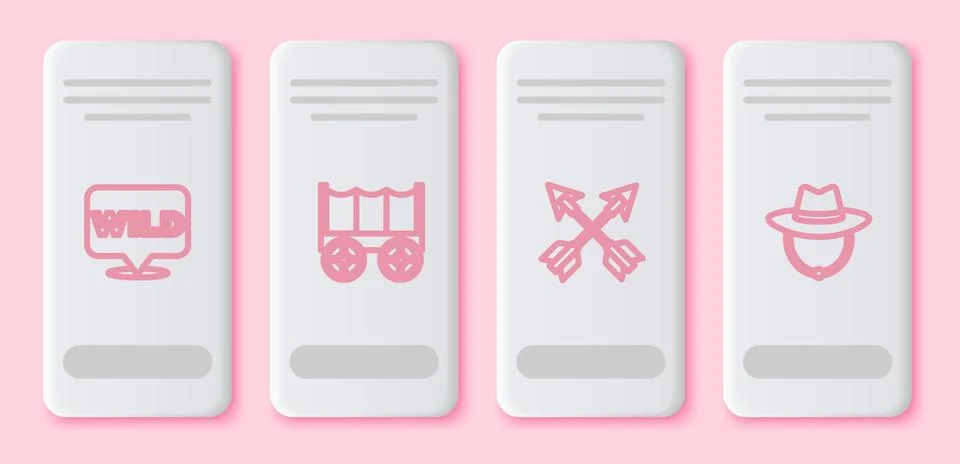Set line Pointer to wild west, Wild covered wagon, Crossed arrows and Weste.. Illustrazione stock