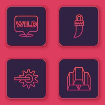 Set line Pointer to wild west, Spur, Tooth and Gold bars. Blue square butto.. Illustrazione stock