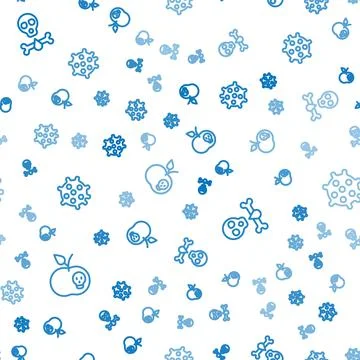 Set line Poison apple, Bones and skull and Bacteria on seamless pattern. Vector Stock Illustration