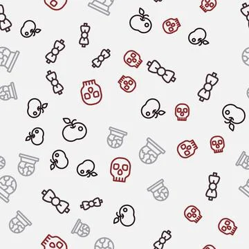Set line Poison apple, Bow tie, Magic ball and Skull on seamless pattern. Vector Stock Illustration