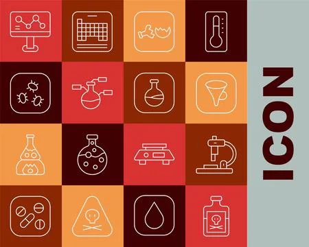 Set line Poison in bottle, Microscope, Funnel or filter, Broken flask, Test.. Stockillustratie