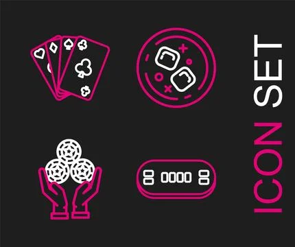 Set line Poker table, Hand holding casino chips, Glass of whiskey ice cubes.. Illustrazione stock