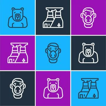 Set line Polar bear head, Face in protective mask and Nuclear power plant icon Ilustração Stock