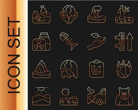 Set line Polar bear head, Global warming fire, Tsunami, Dead fish, Nuclear power Ilustração Stock