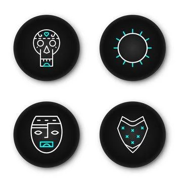 Set line Poncho, Aztec mask, Sun and Mexican skull icon. Vector Illustrazione stock