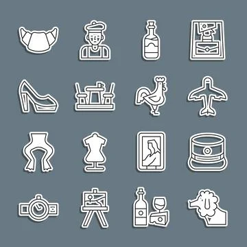 Set line Poodle dog, Kepi, Plane, Bottles of wine, French cafe, Woman shoe,.. Illustrazione stock