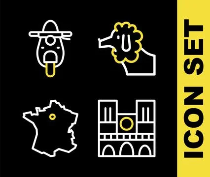 Set line Poodle dog, Notre Dame, Map of France and Scooter icon. Vector Stock Illustration