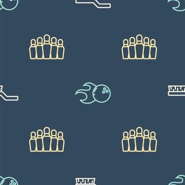 Set line Pool table brush, Bowling pin and ball on seamless pattern. Vector Illustrazione stock