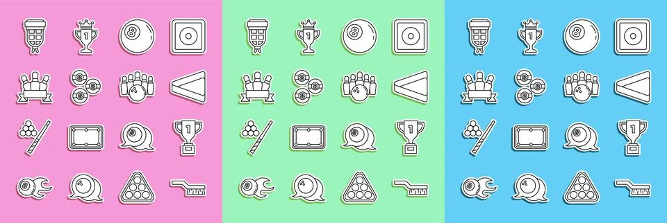 Set line Pool table brush, Award cup, Billiard triangle, ball, Bowling pin Stock Illustration